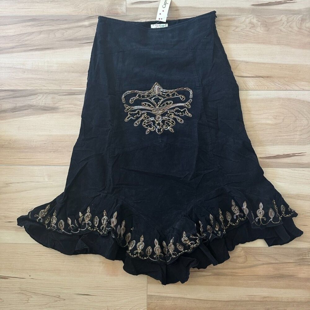 Womens Vintage Y2K NWT Corduroy Godet Beaded Ruffle Lined Black Skirt Size Small